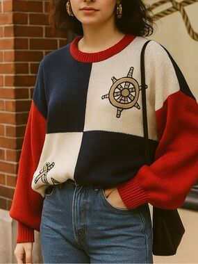VTG Aurea Nautical Sailing Sweater 100% Combed Cotton Red White & Blue Size L